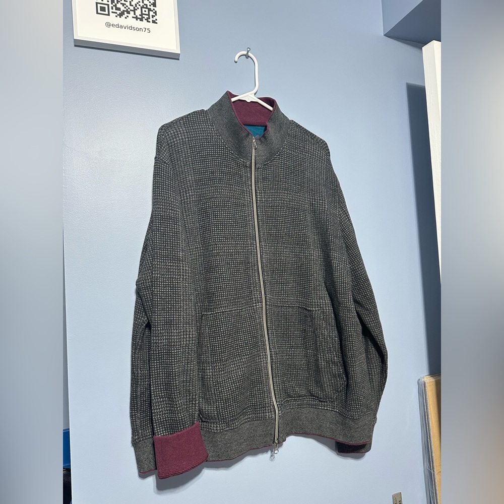 Robert Graham Hyde park Charcoal and Burgundy Zip-Up Sweater cardigan 2XL